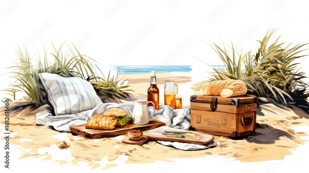 Fototapeta premium hand drawn beach picnic vibes digital painting on white background