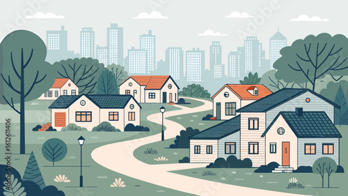 Charming suburban neighborhood with modern homes nestled against a city skyline, evoking peaceful community living and urban proximity.