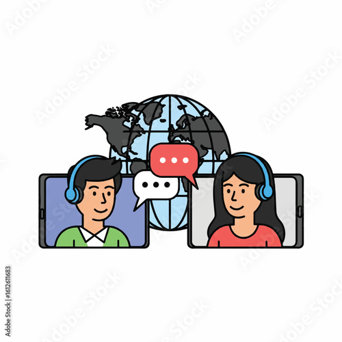 Global Communication Flat Vector – Diverse People and Digital World Concept

