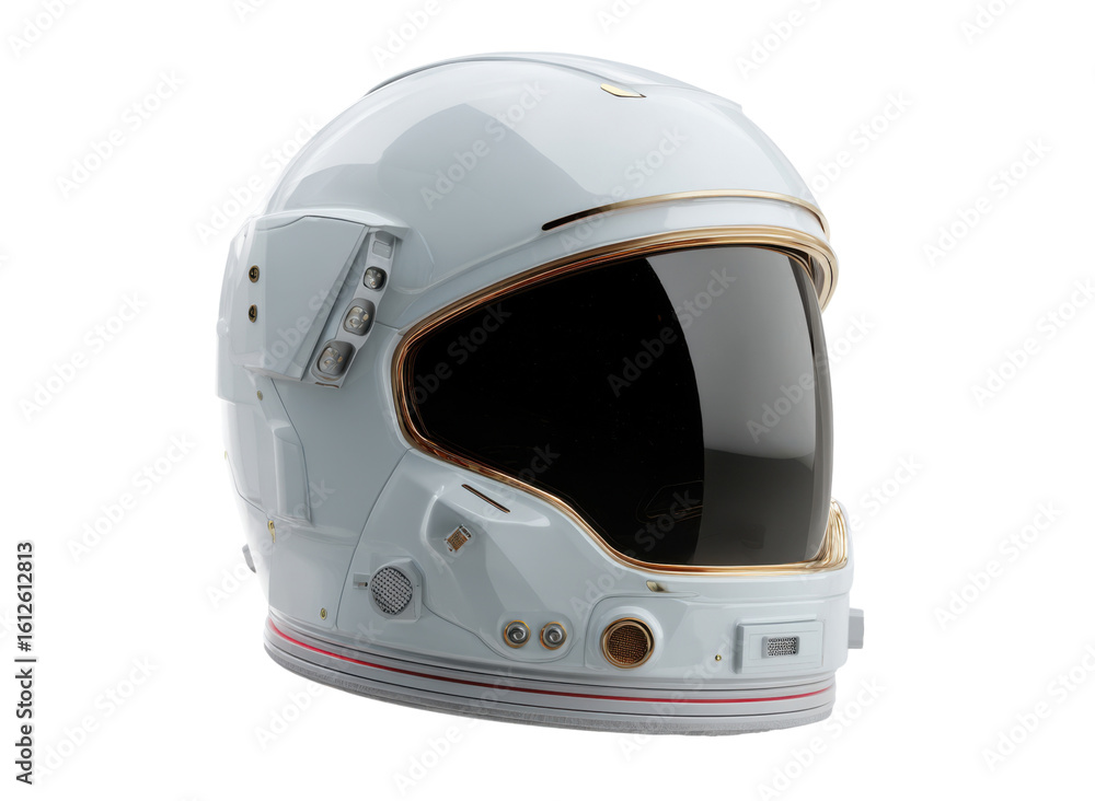 Fototapeta premium White astronaut helmet with gold trim and dark visor image, Isolated, Png Transparent Background