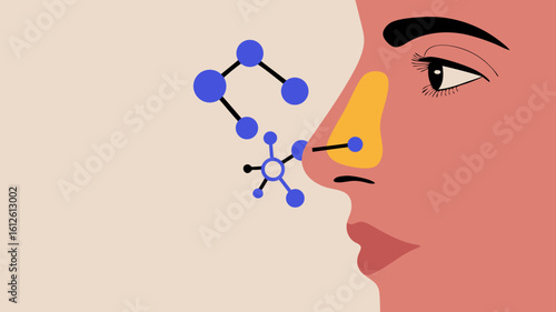 Illustration depicting the process of smelling with molecules interacting with the nose