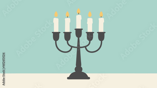 Illustration of a five-candle candelabra with lit candles against a light blue backdrop