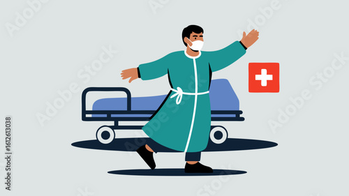 Illustration of a healthcare worker in a hospital environment with a medical bed