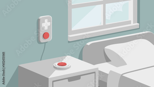 Illustration of a hospital room interior featuring a bed, call button, and window