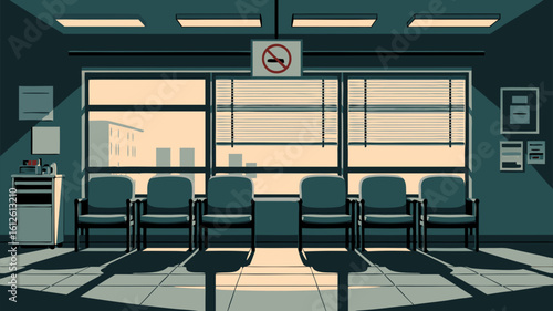 Illustration of a waiting room with chairs, a no smoking sign, and sunlight streaming through the windows