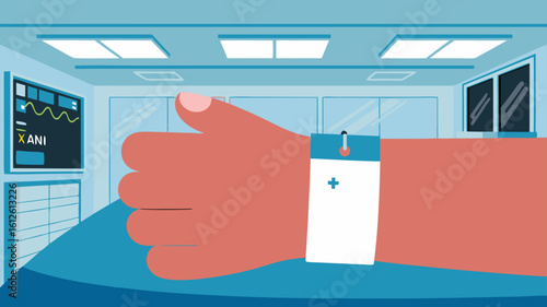 Illustration of a wrist with a medical tag and a monitor in a hospital room