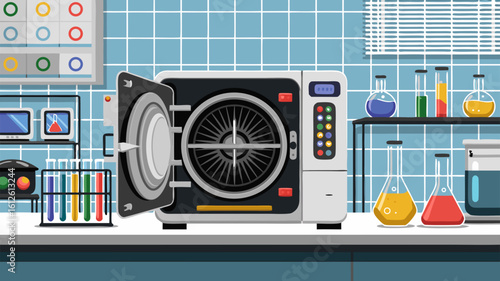 Illustration of an autoclave with open door and laboratory equipment on a table