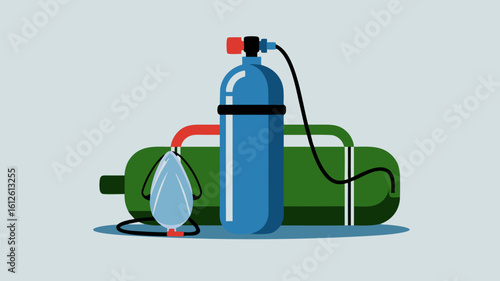 Illustration of an oxygen tank and medical mask used for respiratory support