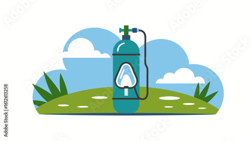 Illustration of an oxygen tank with a mask against a backdrop of clouds and grass