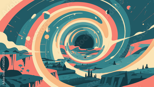 Abstract illustration of a colorful swirling vortex and a surreal landscape scene