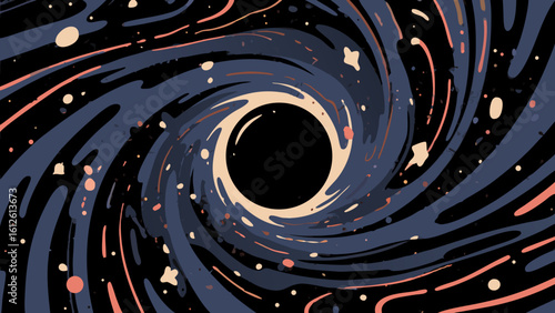 Abstract illustration of a swirling black hole sucking in cosmic energy and dust