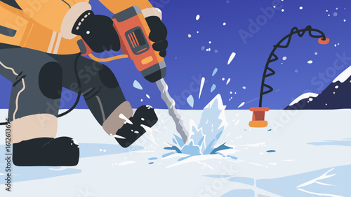An illustrated person drilling a hole in the ice for winter fishing with a rod.