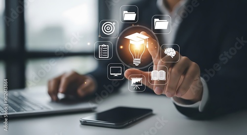 Modern professional selecting online learning resources for business development and career advancement now