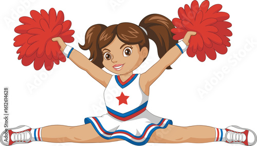 Cartoon cheerleader vector in dynamic split pose—white uniform with blue and red accents, pom-poms raised, spirited character illustration