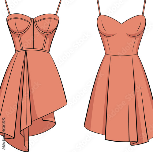 Vector dress illustration with sweetheart neckline—peach asymmetrical draped overlay and A-line style, fashion design sketch for sewing and garment templates