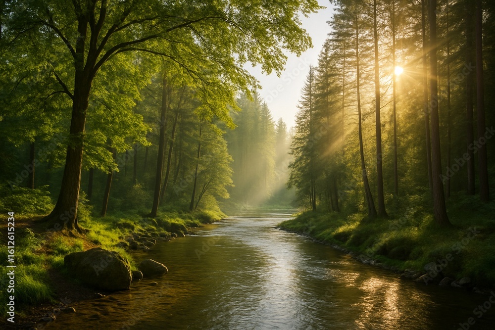 Obraz premium Serena paisagem de floresta com rio e raios de sol em alta resolução