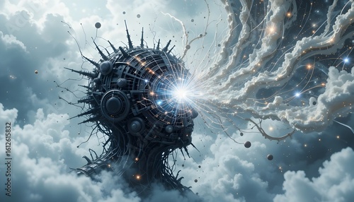 An interstellar idea machine spinning ideas from energy waves and data clouds.
