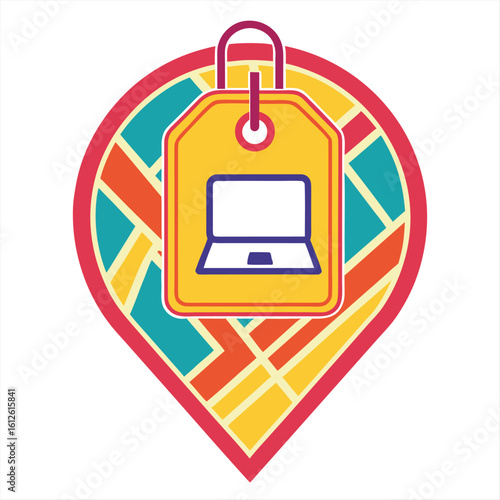 Colourful modern travel tag with map motif.