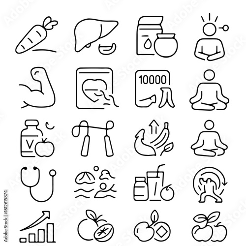 A detailed minimalist line art of icons, representing healthy lifestyle choices, encompassing elements like nutrition, exercise, and overall well-being.