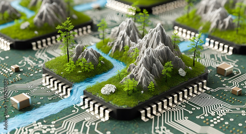 Sustainable tech concept featuring mountains, trees and flowing water on circuit board landscape