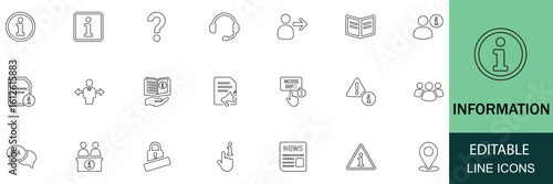 Information line style icon set. Designed for web and mobile app use. Includes icons for info, help desk, user manual, instruction, guidebook, reference, customer help, and assistance services.