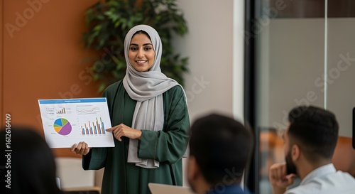 A confident businesswoman in a hijab presents a financial report to colleagues during a meeting.