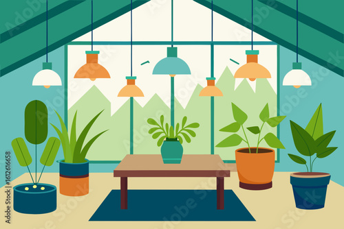Cozy greenhouse interior with potted plants and hanging lamps