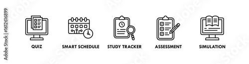 AI in Education banner web icon illustration concept with icon of quiz, smart schedule, study tracker, assessment, and simulation