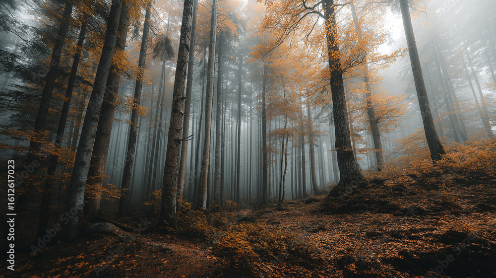 Fototapeta premium Misty Fall Forest with Golden Leaves Serene Autumnal Woodland Scene