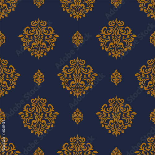 Gold Luxury Damask Seamless Pattern - Royal Ornament on Navy Blue Background. Seamless pattern.