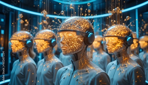People wearing neural-link helmets generating holographic ideas in a high-tech ideation chamber.
