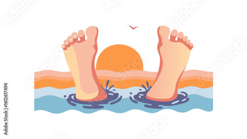 Feet in water beach vacation summer holiday relaxing sunset ocean view travel destination getaway toes