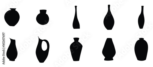 silhouette of Vase and jug Icon flat vector illustration design. white and black.A black silhouette of an elegant jug with a handle and spout, isolated on a white background, vector illustration