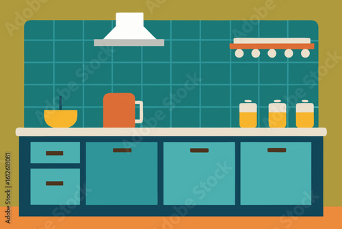 Flat design kitchen counter with cabinets and cooking utensils