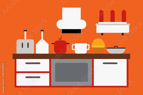 Flat design illustration of a modern kitchen counter with appliances and cookware