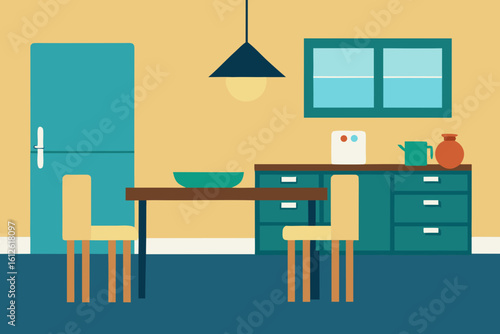 Cozy kitchen scene with a table chairs refrigerator and cabinets