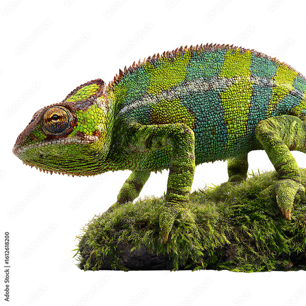Obraz premium A striking chameleon with vibrant green and blue patterns sits on a mossy stone on transparent background