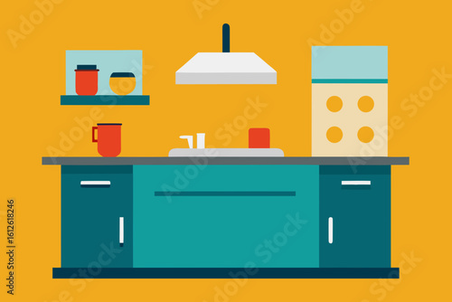 Modern flat design kitchen counter with sink and appliances against orange background