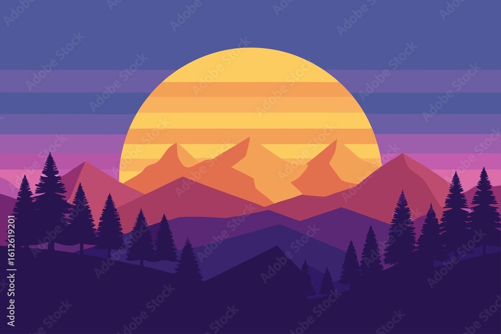 Obraz premium Colorful Sunset Mountain Landscape with Trees