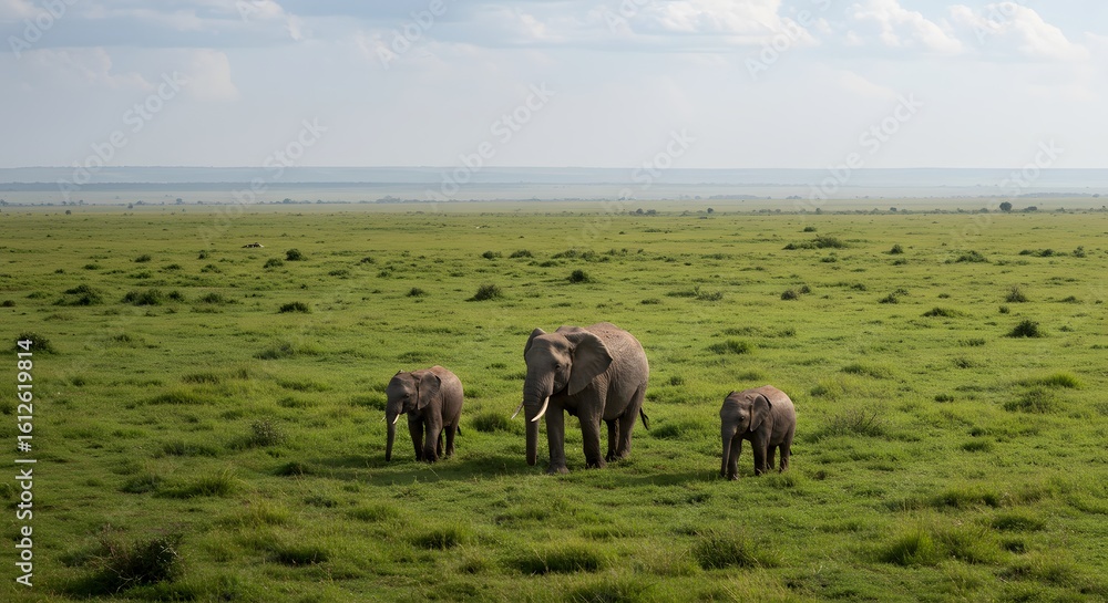 Obraz premium Asian Elephant Family in Grassy Clearing, Photorealistic Wide-Angle Wildlife Photograph, Adult with Juvenile Elephants and Baby Calf, Lush Green Grass and Reddish-Brown Dust, Dense Tropical Forest wit