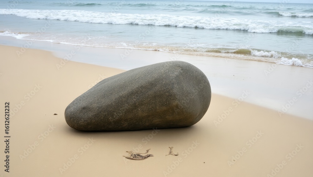 Obraz premium Gray stone rests on beige sand near the ocean.
