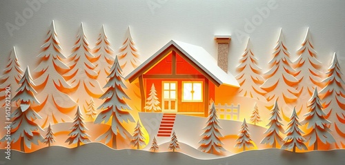 Intricate paper cut design featuring a warm cabin nestled amongst snow-covered evergreens, complete with a glowing window, greeting, christmas