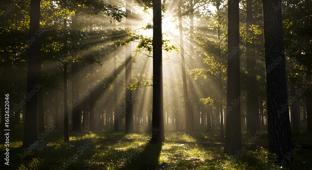 Fototapeta premium Sunbeams Illuminating Misty Forest Path