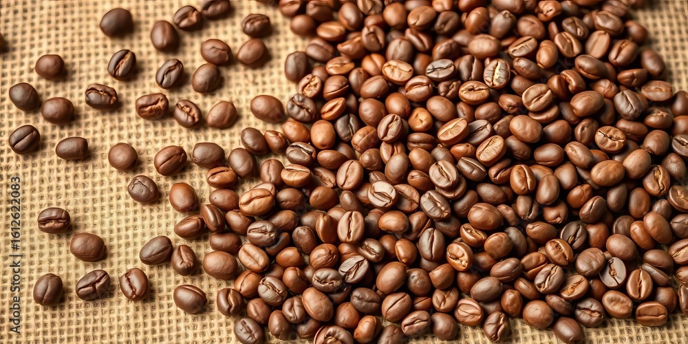 Fototapeta premium Rich brown coffee beans scattered on coarse burlap texture, close-up, vintage