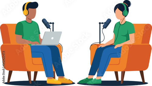 Two people with headphones and microphones recording a podcast interview in chairs