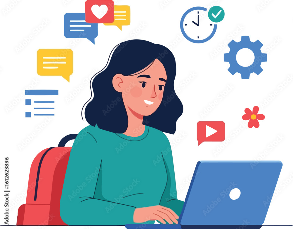 Young woman working on laptop with social media and productivity icons Young woman working on laptop with social media and productivity icons