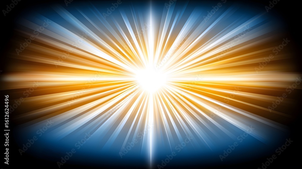 Obraz premium The image displays a bright, central burst of radiant light emanating from a focal point, with streaks of light in shades of golden yellow and cool blue extending outward.