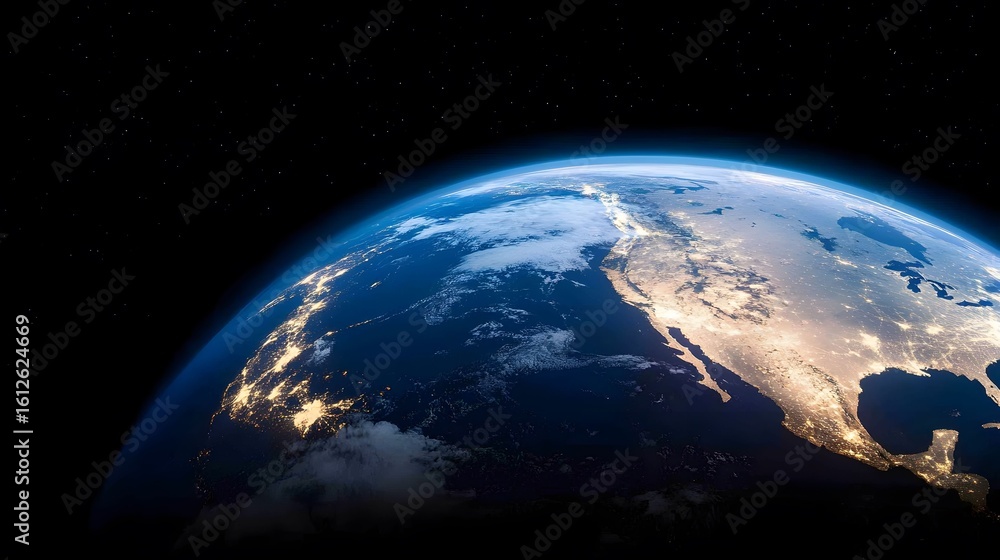 Fototapeta premium A captivating image shows Earth from space, with city lights illuminating the night and a starry backdrop enhancing its beauty and grandeur.