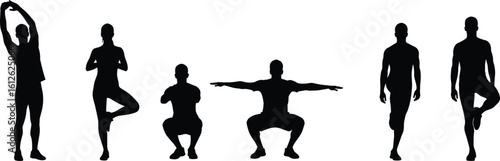 Cad drawing flat vector illustration of people doing workout poses, yoga exercises, fitness routine, health movement, black white minimal art