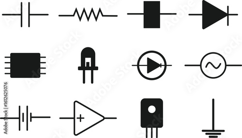Electronic Circuit Symbols Icon Set – Twelve Minimalist Black Silhouettes Featuring Battery, Diodes, IC, Capacitor, Transistor, and More in Grid Layout on White Background